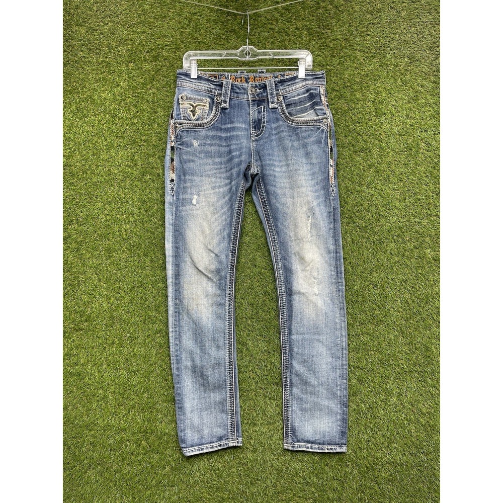 Rock Revival Cyrek Jeans Mens 30 Straight Medium Wash Denim Buckle Camo Cross